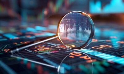 Magnifying glass over stock charts, graphs, and data visualizations, presented in the distinct framing and performance, accumulative process, stock market or cryptocurrency investing concept.