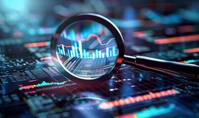 Magnifying glass over stock charts, graphs, and data visualizations, presented in the distinct framing and performance, accumulative process, stock market or cryptocurrency investing concept.