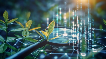 Magnifying glass over stock charts, graphs, and data visualizations, presented in the distinct framing and performance, accumulative process, stock market or cryptocurrency investing concept.