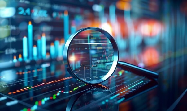 Magnifying glass over stock charts, graphs, and data visualizations, presented in the distinct framing and performance, accumulative process, stock market or cryptocurrency investing concept.