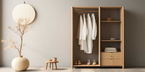 Minimally styled japandi scandi style room with an open wardrobe, beige tones, and white shirts convey a serene Japandi aesthetic. ideal for themes on simplicity, minimalism, and Zen living.