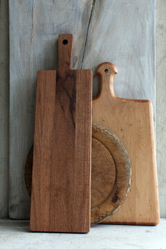 Propped up cutting boards on countertop