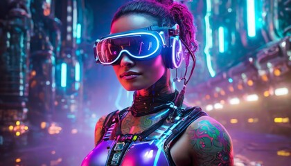 Generated image of cyberpunk character with augmented reality implants and glowing tattoos