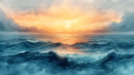 Fotobehang Watercolor sunrise over the sea © Annette