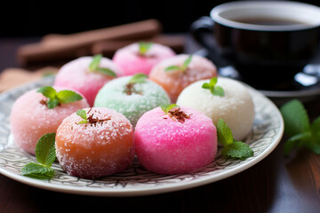Pastel-colored mochi garnished with mint on a plate, accompanied by tea, presents a traditional Japanese dessert experience.