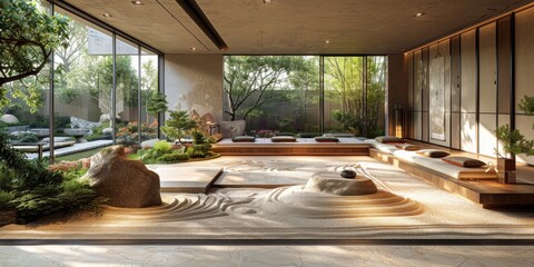 Fototapeta premium View from interior with zen inspired style inside on japanese garden house.