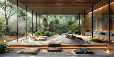 View from interior with zen inspired style inside on japanese garden house.