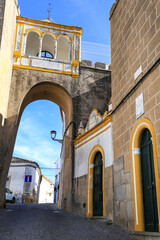 Typical Portuguese facades and narrow cobblestone streets in Elvas