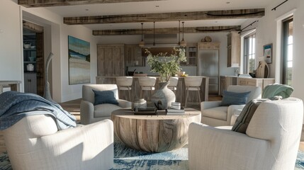 Fototapeta premium Beautiful Small Space Casual Living Family Room Soft Neutral Wood Beams And A Gorgeous Grouping Of Swivel Color Fabric Chairs Around A Striking Coffee Table Coastal Design Nature Freshness Home