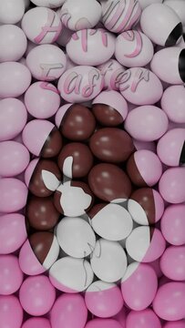 Festive 3d animation for the Easter holiday. A lot of Easter eggs fall and form a picture of an Easter bunny with an egg. Vertical orientation.