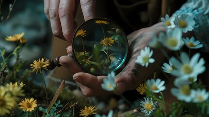 The character holds a tiny magnifying glass, inspecting a collection of delicate flowers and plants.