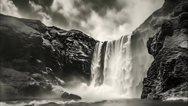 black white waterfall in the mountains