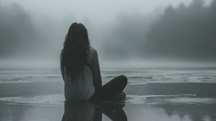 closeup photo portrait of a sad depressed lonely girl. sitting alone outside in the foggy nature. feeling bad down and sick. wallpaper background 16:9 - obrazy, fototapety, plakaty