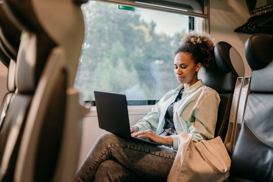 A woman travels by train