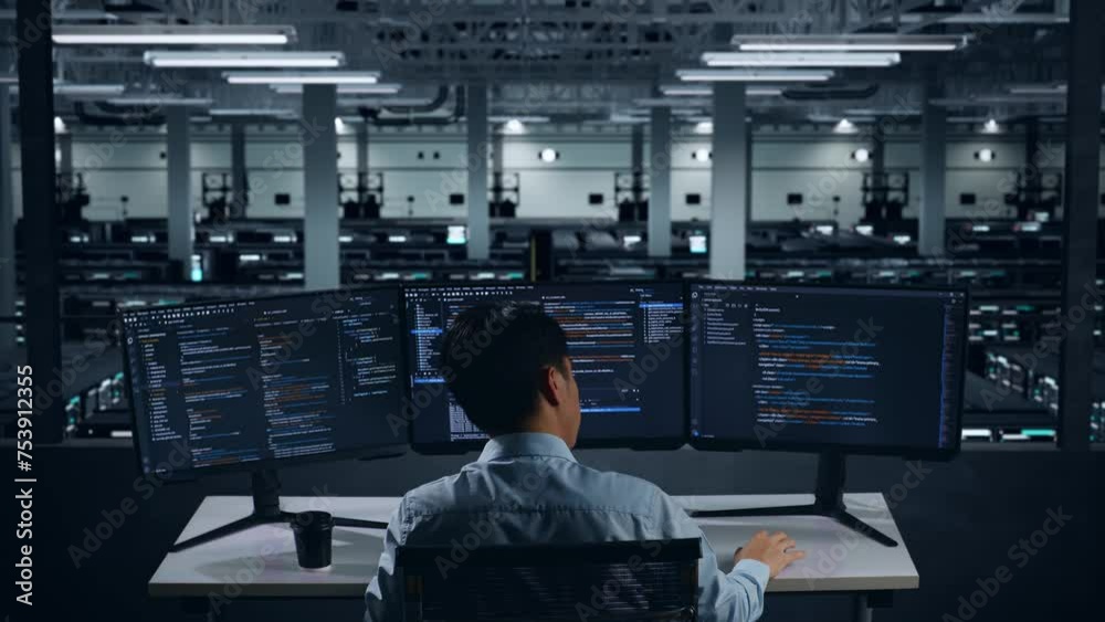Wall mural back view of asian man developer having headache while write code with multiple computer screens in 