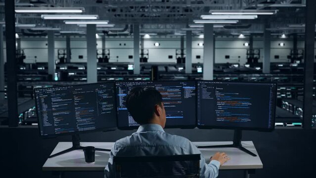 Back View Of Asian Man Developer Having Headache While Write Code With Multiple Computer Screens In Data Center