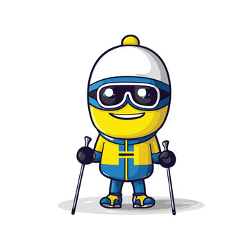 Sweden flag badge mascot character as a ski player