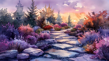 A pastoral watercolor scene, with the luminous pastel palette depicting the soft glow of dawn casting a peaceful lavender and blue over a sleeping countryside