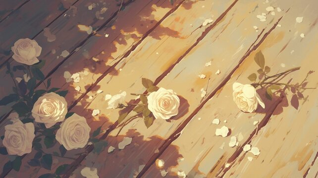 Top view of white roses, In the style of digital painting. For banner, promo, ad, screenshot, event, icon, design, wallpaper