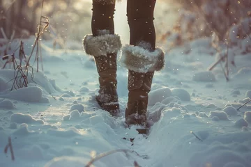 Poster Im Rahmen Little Girl Walking in Snow Covered Forest © Jorge Ferreiro