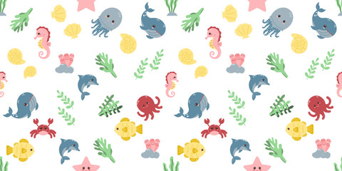 Seamless pattern of Cute sea animals. Vector flat illustration. pattern for wrapping, textiles