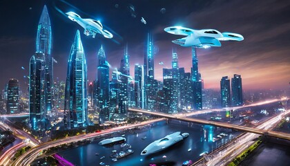 Generated image of futuristic cityscape with neon lights and flying vehicles