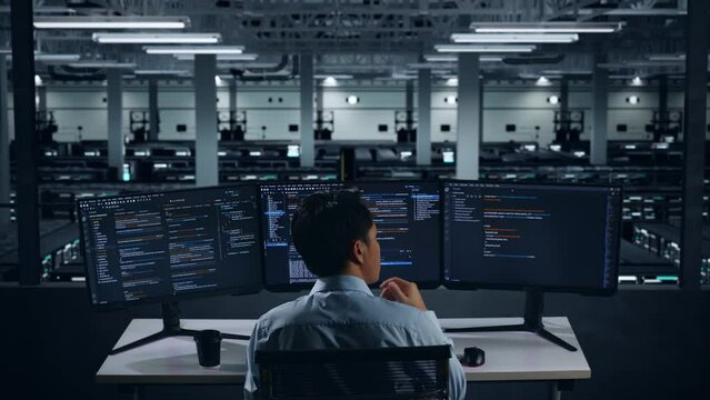 Back View Of Asian Man Developer Thinking About Something While Write Code With Multiple Computer Screens In Data Center