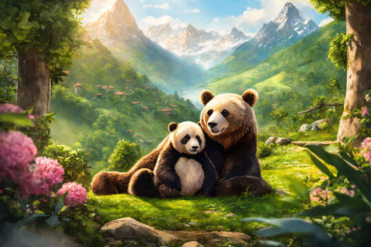 Brown bear and little panda sit in an embrace in a green highland. Drawing.