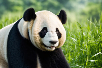 Obraz premium Chinese giant panda bear in the green grass. Portrait of animal.