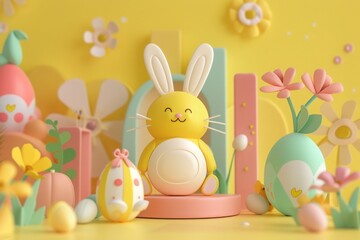 Whimsical Easter Still Life: 3D composition of Easter Elements in primarily pastel yellow color
