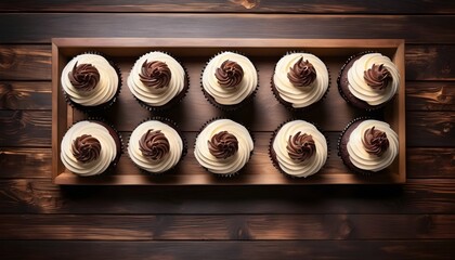View from above of a variety of cream and chocolate cupcakes in a wood box on a wooden surface background