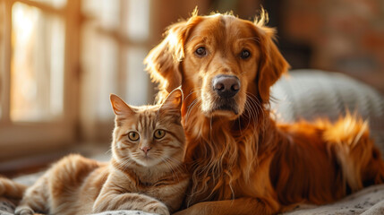 Orange dog and cat laying on a rug at home. Best animal friends.  - obrazy, fototapety, plakaty