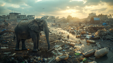 Elephant walking in a polluted wasteland on the outskirts of a city. Concept for pollution of natural animal habitats. - obrazy, fototapety, plakaty