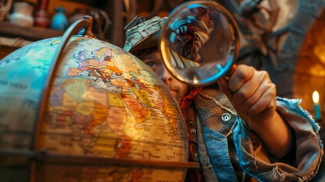 Holding a magnifying glass, the curious character inspects a prop globe, searching for hidden treasures on its surface.
