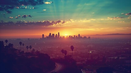 beautiful sunset in Los Angeles view of downtown