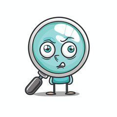 The mascot of the magnifying glass with sceptical fa