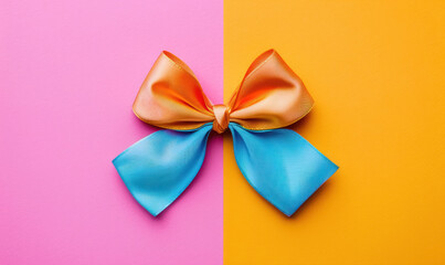shiny satin bow in orange and blue on a vibrant pink and yellow background