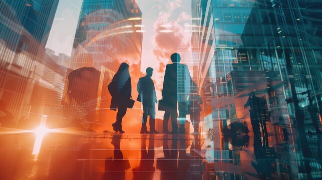 Business Successful People Double Exposure With Highrise Modern City Office Building Business People Standing Together Success Agreement And Working Together,Ai Generate