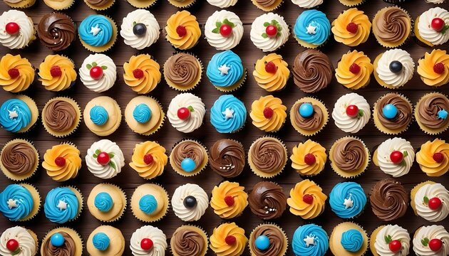 View From Above Of A Lot Of Colorful Cupcakes With Different Toppings Lined Up On A Wood Surface, Card Background