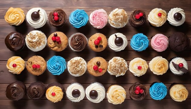 View From Above Of A Lot Of Colorful Cupcakes With Different Toppings Lined Up On A Wood Surface, Card Background