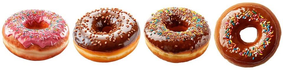 Set of glazed donuts with sprinkles isolated on transparent background