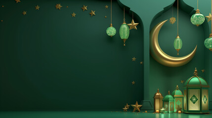 Islamic decoration background with crescent moon and traditional islamic lantern for Ramadan Kareem, Eid ul Fitr | Islamic decoration background with copy space text area, 3D illustration 