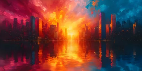 Poster Capturing a Colorful City Sunset in an Oil Painting: An Inspiring Artist's Interpretation. Concept Artistic Inspiration, City Landscape, Oil Painting, Colorful Sunset © Ян Заболотний