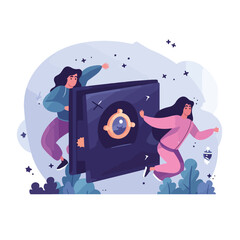 Thieves escape with safe. Funny people. Illustration