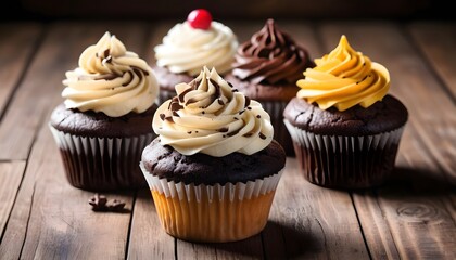 Colorful cupcakes with various topping on wood backgrounds, free space above