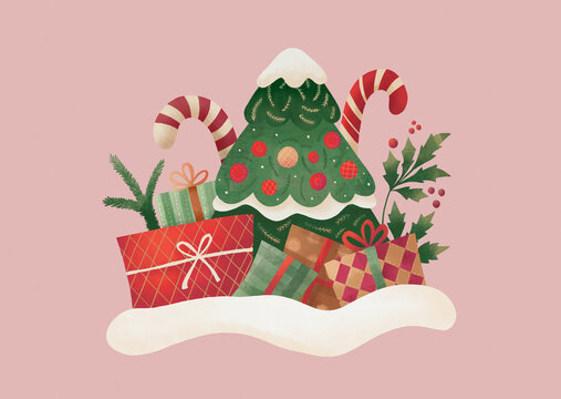 The christmas tree among Christmas gifts, lollipops and mistleto
