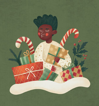 A black child with christmas gifts