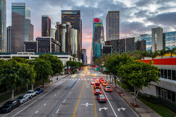 City Lights at Twilight: 4K Ultra HD Image of Downtown Los Angeles Figueroa Street Traffic After...