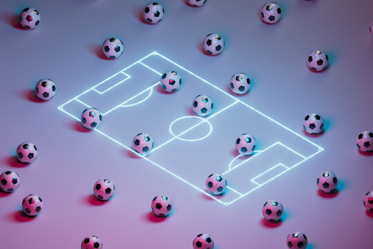 many soccer balls in a neon field