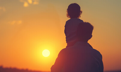 Fototapeta premium Golden Hour Bonding: Father and Child Cherishing Sunset Moments in Nature